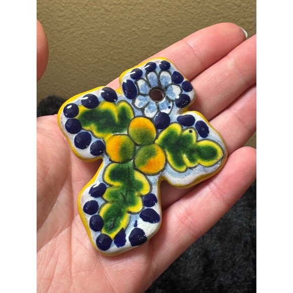 Handcrafted Mexican Ceramic Cross Ornament With Colorful Floral Design - Picture 2 of 7